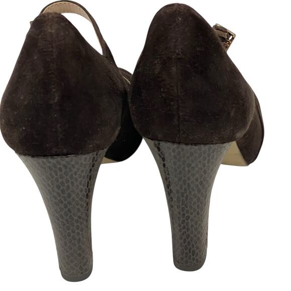 Franco Sarto Peep Toe Heels Valita Women 7M Shoes Dark Brown Suede Pump READ - Picture 12 of 16